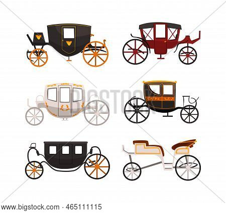 Antique Carriage Or Chariot As Four-wheeled Vehicle With Footplate And Hood Vector Set