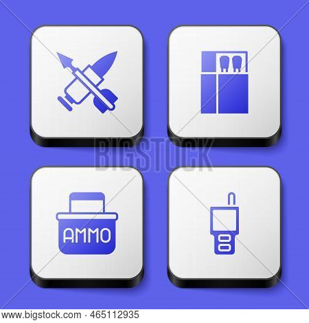 Set Crossed Bullet With Arrow, Open Matchbox And Matches, Ammunition And Walkie Talkie Icon. White S