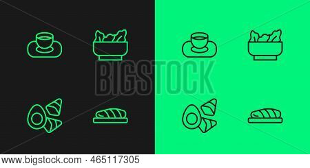 Set Line Fish Steak, Chicken Egg With Vegerables, Soy Sauce In Bowl And Wonton Icon. Vector