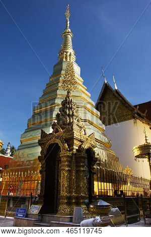Ancient Stupa Or Antique Chedi For Thai People Foreign Travelers Travel Visit And Respect Praying Bl