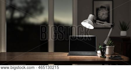 Modern Office Desk In Home Office With Pens, Notebook And Lamp 3d Render Illustration