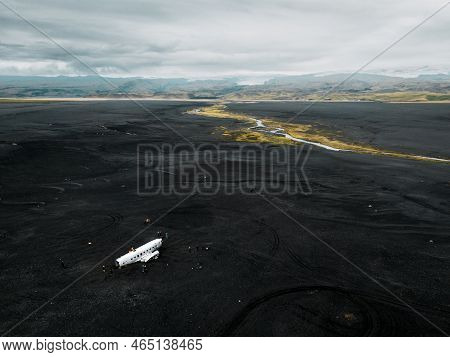 Aerial View Of Old Crashed Plane On Solheimasandur Beach