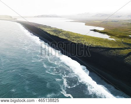 Aerial Drone View Of Volcanic Black Sand Beach Of Reynisfjara