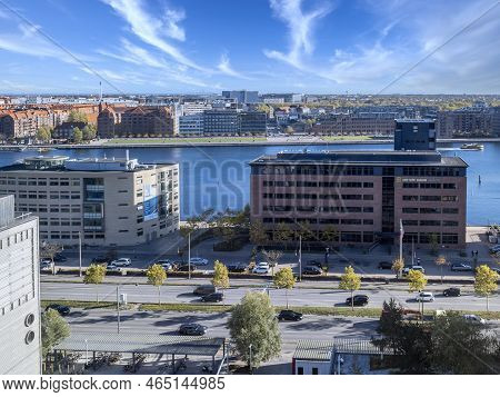 Copenhagen, Denmark - Oct 18, 2018: Aerial View Of The Copenhagen City Skyline. Lund Elmer Sandager 