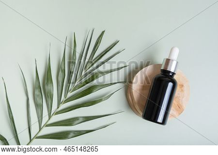 Cosmetic Glass Bottle With Pipette On Wooden Slice Top View, Flat Lay On Colored Background With Nat