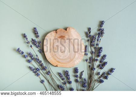 Wooden Slice As Podium Or Pedrstal Top View, Flat Lay On Colored Background With Lavender Flowers. N
