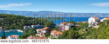 Panoramic View Of Jelsa, Hvar Island In Croatia. Scenic Summer Day View Of The City Of Jelsa, Bird V