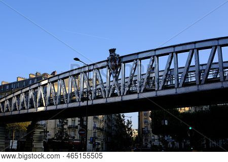 Paris, France - August 27, 2022: Metal Bridge Of Cambronne Train Station. Train In Paris That Is A M