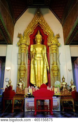 Nakhon Pathom, Thailand - October 17, 2022: Ancient Buddha Image Inside Phra Pathom Chedi Temple. Th