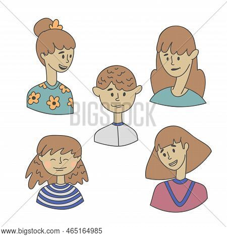 Set Of Doodle Portraits Girls And Guys. Hand Drawn