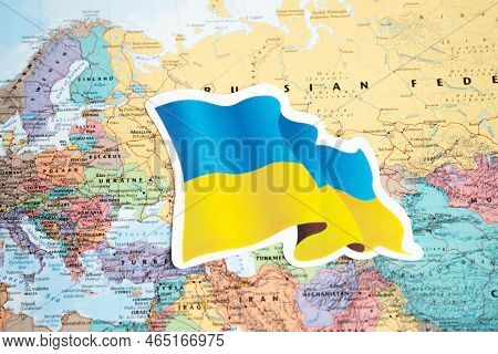 Bangkok, Thailand - September 1, 2022 Ukraine Flag On World Map, Stop War With Russia Concept.