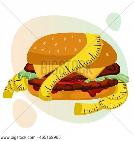 Diet Concept Burger With Measuring Centimeter. Fitness And Diet, Healthy Eating. Anorexia And Bulimi