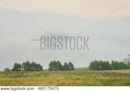 Serene Landscape In The Fog - The Shores Of Lake Otolovo In Belarus