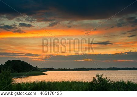 Serene Landscape Lake In The Evening - The Shores Of Lake Otolovo In Belarus