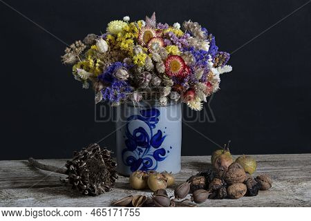 Bouquet Beautiful Dried Flowers In A Vintage Vase