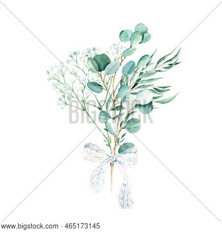 Eucalyptus Watercolor Bouquet. Willow, Silver Dollar And Gypsophila Branches With White Lace Bow. Ha