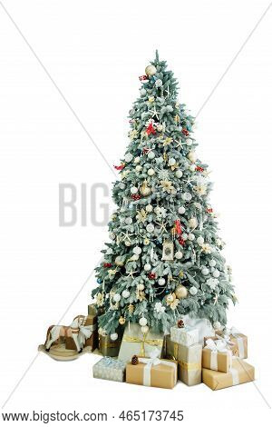 Christmas Treeisolated On White. Beautiful New Year Decorated Home Interior. Pastel Color Boxes With