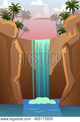 Waterfall In Rocks. Pink Sunset. Landscape With Rocks And River Among Stones. Water Is Flowing. Spla