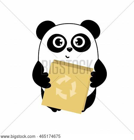 Cute Cartoon Panda With Eco Bag And Recykling Sign. Funny Character For Your Design. Green Energy Co