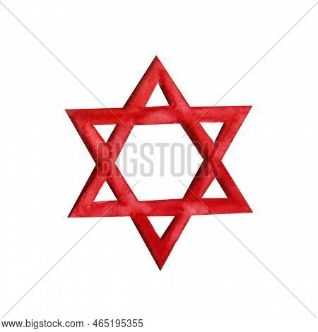 Red David Star Colorful Symbol. Magen David Adom Jewish Star. Hand Drawn Watercolor Illustration