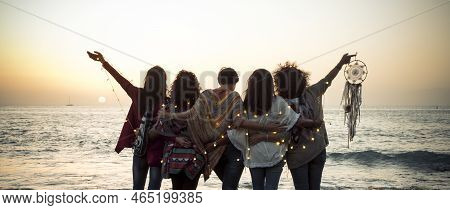 Romance And Emotion Concept With Group Of People Women Friends Viewed From Back Hugging And Ejoying 