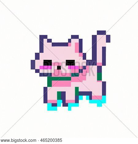 Classic 8 Bit Pixel Art Illustration Of Cute Kitten. Retro 8 Bit Pixel Art Style Simple Illustration