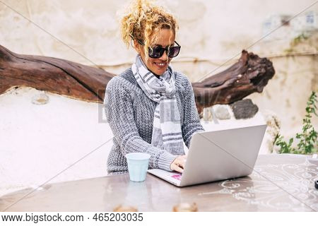 Technology Digital Nomad People Work Outdoor With Laptop Computer And Wifi Roaming Internet Conectio