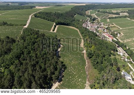 Aerial View On Chablis Grand Cru Appellation Vineyards With Grapes Growing On Limestone And Marl Soi