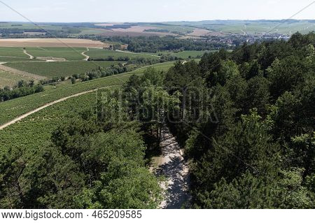 Aerial View On Chablis Grand Cru Appellation Vineyards With Grapes Growing On Limestone And Marl Soi