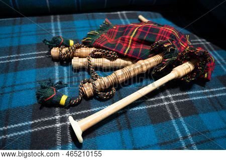 Symbols Of Scotland - Wollen Tartan Textile And Handmade Musical Instrument Bagpipes