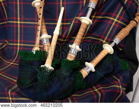 Symbols Of Scotland - Wollen Tartan Textile And Handmade Musical Instrument Bagpipes