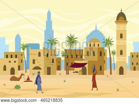 Middle East. Arabic Desert Landscape With Traditional Mud Brick Houses And People. Ancient Building 