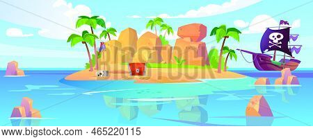 A Tropical Island With A Secret Gold Hideout And A Pirate Ship With A Black Flag In The Ocean. A Hid