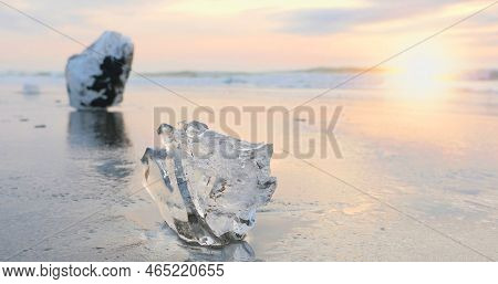 Travel In Japan On Winter, Iceberg Jewelry On Ice Beach At Otsu Beach In Toyokoro Town.