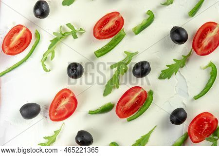 A Board Of Butter Or Cream Cheese On A Wooden Board. Appetizer. Top View.