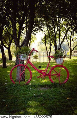 Bicycle Flower Bed. Decorative Vintage Bicycle Shape Stand With Yellow Flowers In Autumn Park At Oct