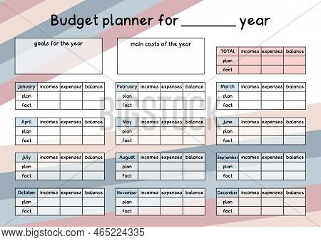 Year Budget Planner Template Page. Monthly Financial Plan Of Incomes, Expenses And Savings. Money Ac