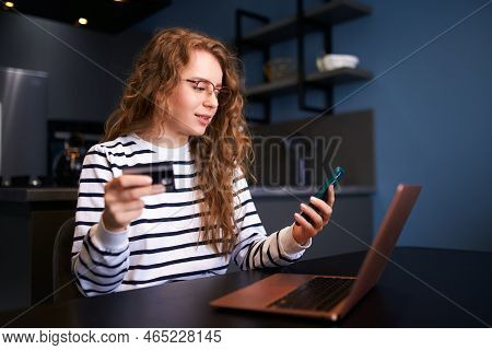 Happy Woman Makes Purchase, Payment In Fintech App On Phone. Shopper Girl Uses Mobile Banking App, C