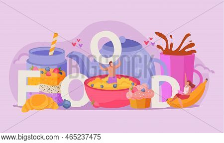 People With Breakfast Flat Composition Word Food And Abstract Beverages Porrige Fruits And Dessers V