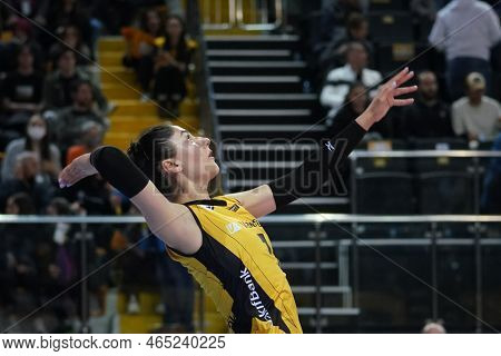 Istanbul, Turkey - May 03, 2022: Derya Cebecioglu Warming Up Before Vakifbank Vs Fenerbahce Opet Tur