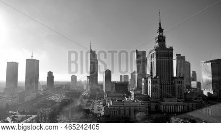 Warsaw, Poland. 6 November 2022. Skyscrapers In The Financial District Of Downtown Warsaw. Black And