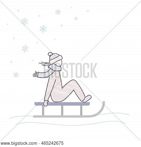 Girl On Sleigh, Winter Activities, Sledding Sport, Pencil Drawn Style Sketch, Simple Vector Illustra
