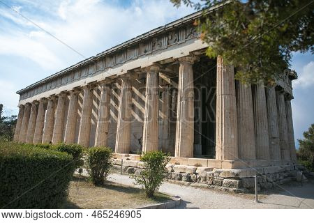 Temple Of Hephaestus In Athens, Greece. Sunny View Of Ancient Greek Ruins In The Athens Center. The 