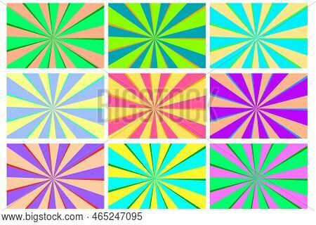Colored Rays Backgrounds. Geometric Pattern. Explosion Effect. Light Effect Set. Cartoon Style. Vect