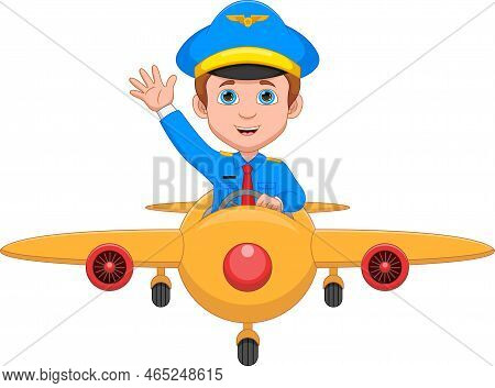 Cartoon Young Pilot Riding A Plane Isolated On White Background