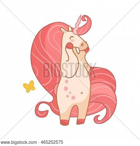 Shy Happy Unicorn Blusing Cartoon Illustration. Beautiful And Adorable Pink Magic Character Touching
