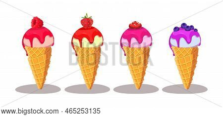 Ice Cream In Waffle Cone Set. Vector Illustrations Of Soft Sundae With Berry Topping. Cartoon Wafer 