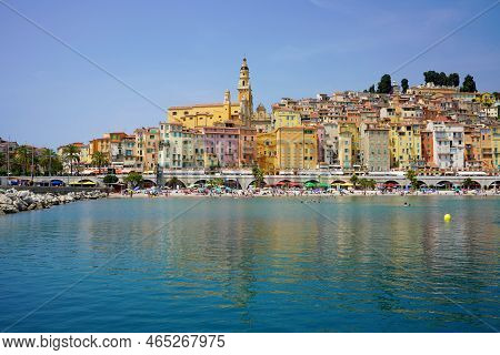 Menton, France - June 18, 2022: Colorful Cityscape Of Menton Village On French Riviera, Europe