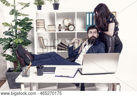 Sexy Secretary Personal Assistant. Typical Office Life. Man Bearded Hipster Boss Sit In Leather Armc