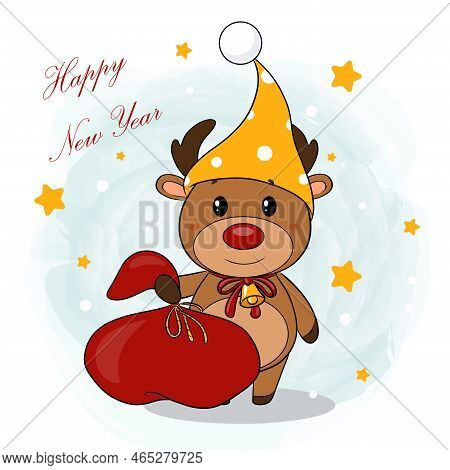 A Cartoon Children's Character.santa Claus ' Christmas Reindeer.an Elk Reindeer Sled With A Red Nose